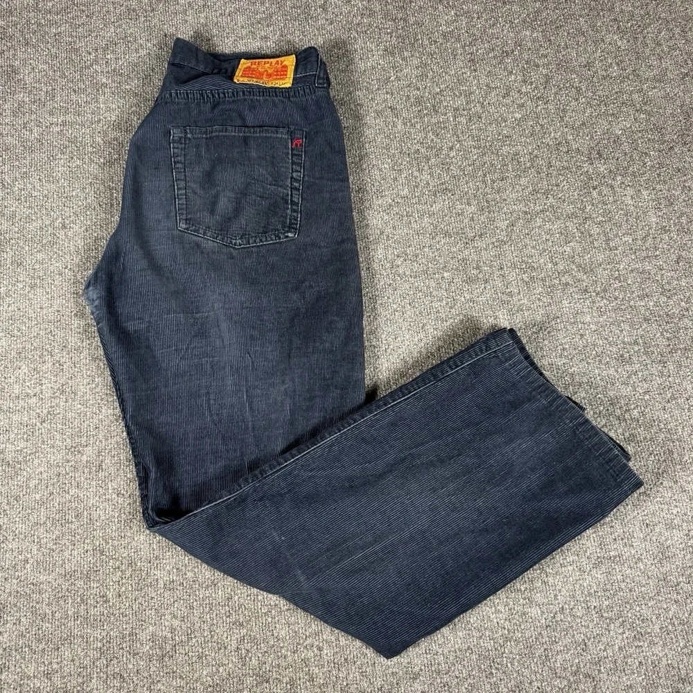 Vintage Replay Corduroy Pants Men's 34x34 Blue Made in Italy Button Fly